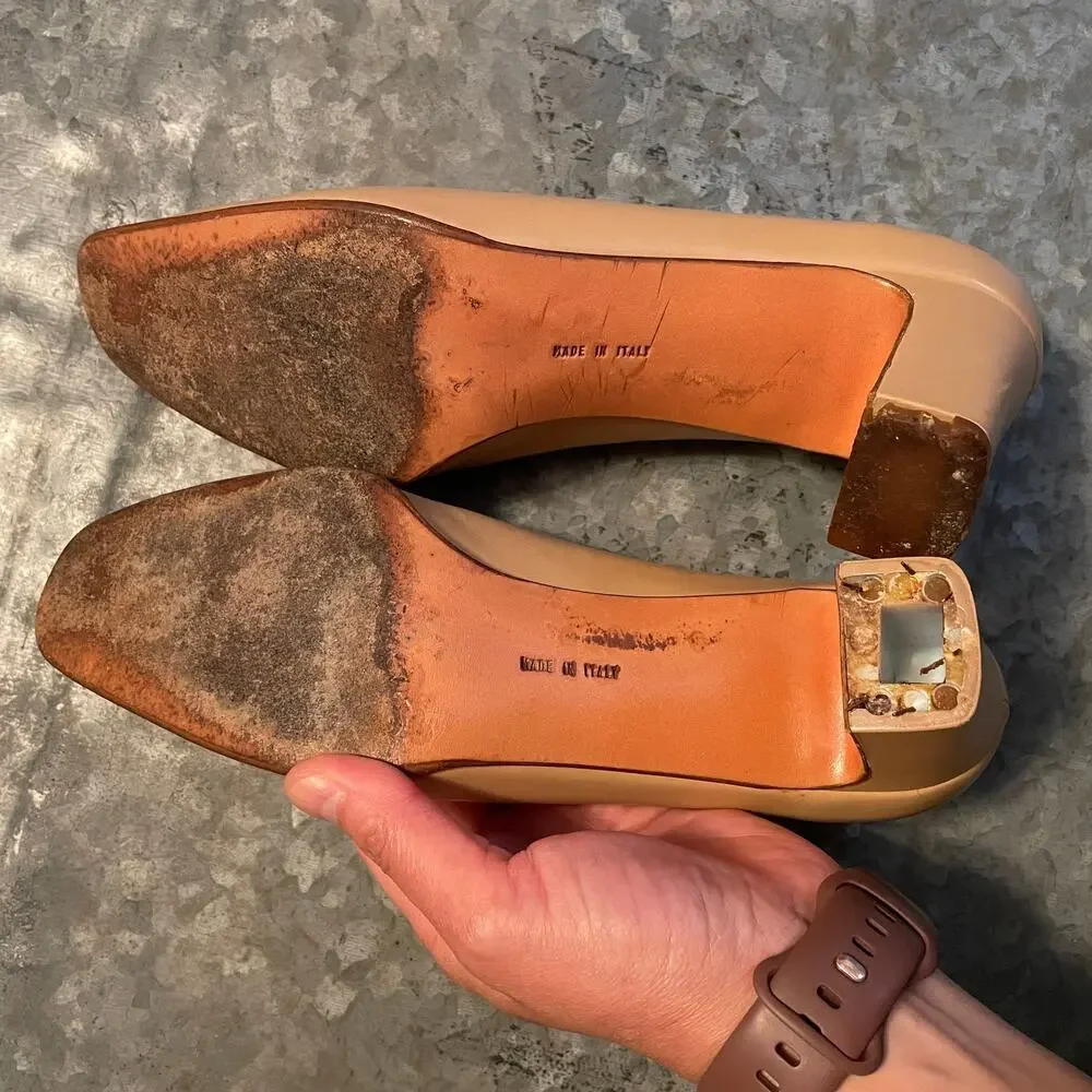 Vintage Salvatore Ferragamo Square Toe Heels 7.5 Italy Made Nude Beige Tan Logo - Picture 8 of 12